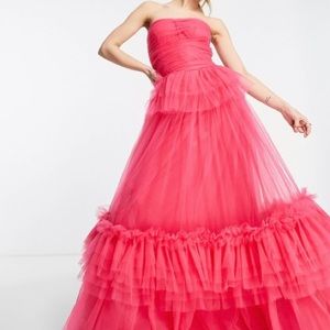 ASOS Lace & Beads exclusive bandeau tiered tulle maxi dress in pink